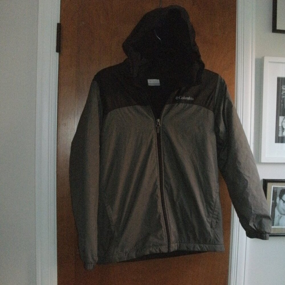 COLUMBIA Gray & Black Fleece Lined Full Zip Hooded Jacket Coat size L 14/16